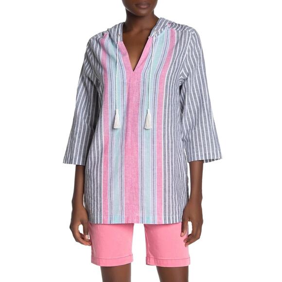Tommy Bahama Tops - Tommy Bahama Lovely Lanes 3/4 Sleeve Baja Pullover Hoodie Cotton Linen Large